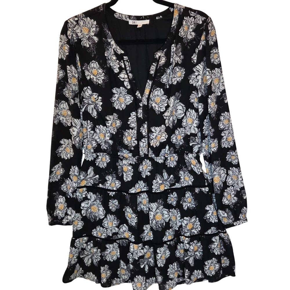 DR2 by Daniel Rainn Black Floral Tiered Mini Dress Long Sleeve L DR51845PR1